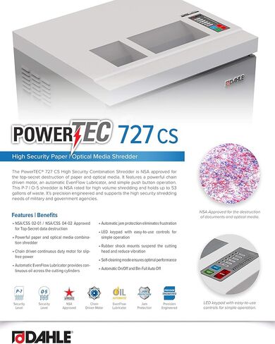 Dahle Powertec 707 PS Paper Shredder ، P-7 Super Micro Cut ، NSA/CSS 02-01 لمستندات سرية أعلى ، حماية المربى ، زيت السيارات ، 3.5 حصان ، 11 ورقة كحد أقصى in Saudi Arabia