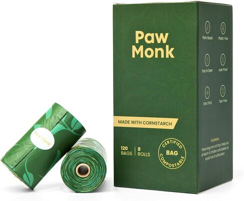 PAW MONK معتمد من المنزل أكياس أنبوب الكلاب القابلة للسماد - سميكة ، قوية ، قوية ومقاومة للتسرب ، سهلة مفتوحة - 120 أكياس نفايات الحيوانات الأليفة غير المعروفة in Saudi Arabia