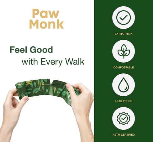 PAW MONK معتمد من المنزل أكياس أنبوب الكلاب القابلة للسماد - سميكة ، قوية ، قوية ومقاومة للتسرب ، سهلة مفتوحة - 120 أكياس نفايات الحيوانات الأليفة غير المعروفة in Saudi Arabia