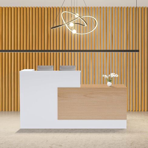 L-Shaped Modern Reception Desk with Counter & Storage - 71" Large Office Front Desk, Salon Checkout Counter with Lockable Cabinets, Shelves(Oak & White, Left - 71''L x 34''W x 41''H) in Kuwait