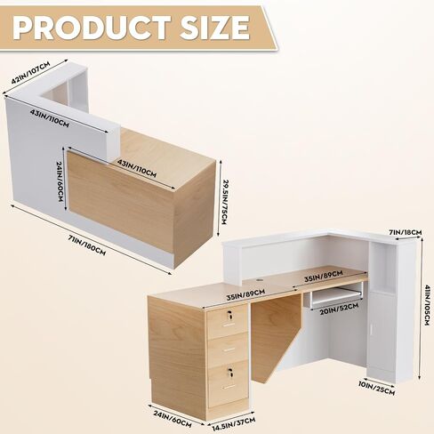 L-Shaped Modern Reception Desk with Counter & Storage - 71" Large Office Front Desk, Salon Checkout Counter with Lockable Cabinets, Shelves(Oak & White, Left - 71''L x 34''W x 41''H) in Kuwait