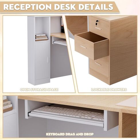 L-Shaped Modern Reception Desk with Counter & Storage - 71" Large Office Front Desk, Salon Checkout Counter with Lockable Cabinets, Shelves(Oak & White, Left - 71''L x 34''W x 41''H) in Kuwait