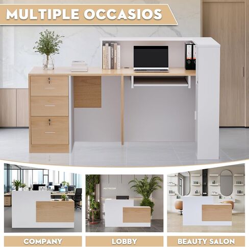 L-Shaped Modern Reception Desk with Counter & Storage - 71" Large Office Front Desk, Salon Checkout Counter with Lockable Cabinets, Shelves(Oak & White, Left - 71''L x 34''W x 41''H) in Kuwait