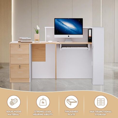 L-Shaped Modern Reception Desk with Counter & Storage - 71" Large Office Front Desk, Salon Checkout Counter with Lockable Cabinets, Shelves(Oak & White, Left - 71''L x 34''W x 41''H) in Kuwait
