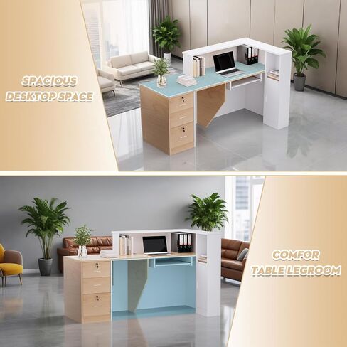 L-Shaped Modern Reception Desk with Counter & Storage - 71" Large Office Front Desk, Salon Checkout Counter with Lockable Cabinets, Shelves(Oak & White, Left - 71''L x 34''W x 41''H) in Kuwait
