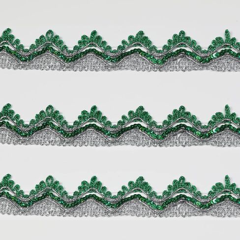 Shiny Green Sequins Lace Trim Polyester Braided Ribbon 14 Yards 35mm Wide for Sewing Crafts Clothing Curtains Accessories Lampshade Home DIY Decoration (Green-Silver, 35mm Wide) in Saudi Arabia