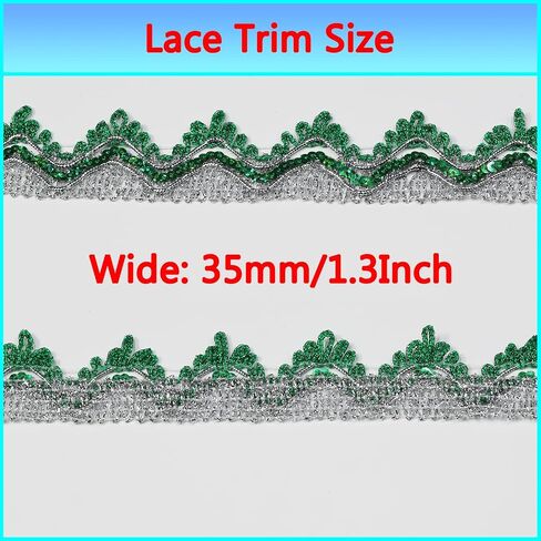 Shiny Green Sequins Lace Trim Polyester Braided Ribbon 14 Yards 35mm Wide for Sewing Crafts Clothing Curtains Accessories Lampshade Home DIY Decoration (Green-Silver, 35mm Wide) in Saudi Arabia