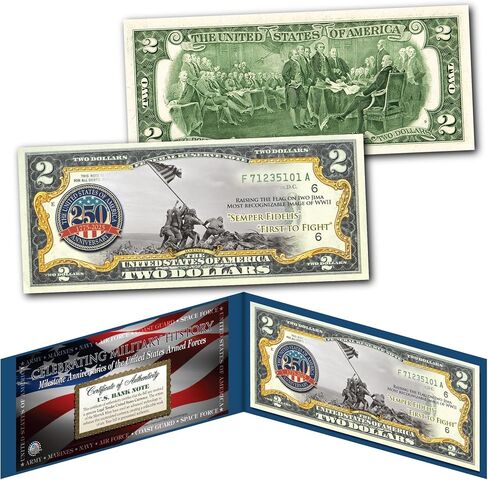 Marines 250th Anniversary Milestones of The U.S. Armed Forces Two Dollar Bill Collectible Blue Display Holder and Certificate in Saudi Arabia