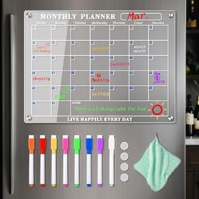 Acrylic Magnetic Calendar for Refrigerator - WINLION Monthly Calendar with 8 Color Markers Clear Board for Fridge Acrylic Refrigerator Calendar for Monthly Planning,15"x11" in Kuwait