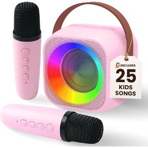 Mini Karaoke Machine for Kids, Includes 25 Songs, 2 Wireless Microphones, 3, 4, 5, 6, 7, 8, 9, 10, 12+ Year Old Girl Birthday Gift, Ages 3-12 Years Old Toddler Kid Toy for Girl or Boy in Kuwait