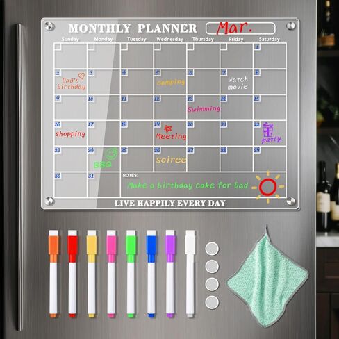 Acrylic Magnetic Calendar for Refrigerator - WINLION Monthly Calendar with 8 Color Markers Clear Board for Fridge Acrylic Refrigerator Calendar for Monthly Planning,15"x11" in Kuwait