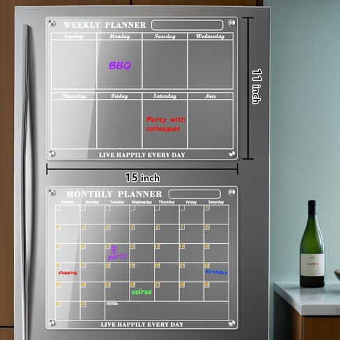 Acrylic Magnetic Calendar for Refrigerator - WINLION Monthly Calendar with 8 Color Markers Clear Board for Fridge Acrylic Refrigerator Calendar for Monthly Planning,15"x11" in Kuwait