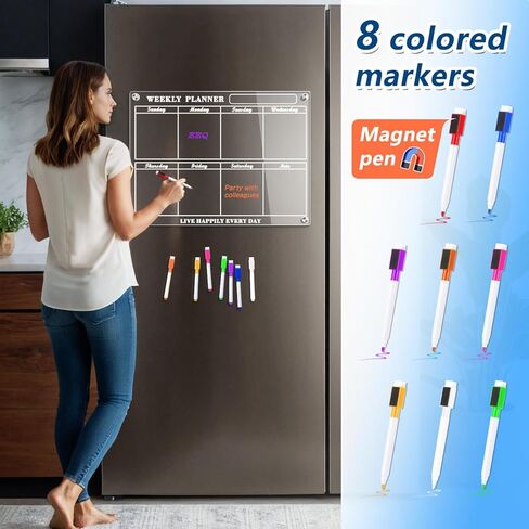 Acrylic Magnetic Calendar for Refrigerator - WINLION Monthly Calendar with 8 Color Markers Clear Board for Fridge Acrylic Refrigerator Calendar for Monthly Planning,15"x11" in Kuwait