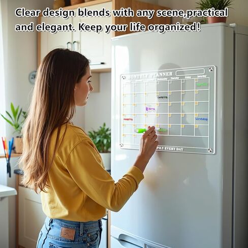 Acrylic Magnetic Calendar for Refrigerator - WINLION Monthly Calendar with 8 Color Markers Clear Board for Fridge Acrylic Refrigerator Calendar for Monthly Planning,15"x11" in Kuwait