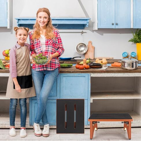 Step Stool Foldable, Wooden Step Stool with Non-Slip Rubber Stepping Platform, Folding Step Stools for Adults Seniors in Bedroom, Kitchen Bathroom, RV, Bed Steps for High Beds, No Assemble (Brown) in Kuwait