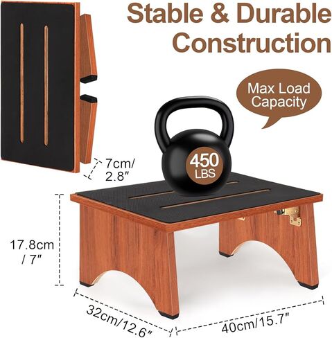 Step Stool Foldable, Wooden Step Stool with Non-Slip Rubber Stepping Platform, Folding Step Stools for Adults Seniors in Bedroom, Kitchen Bathroom, RV, Bed Steps for High Beds, No Assemble (Brown) in Kuwait