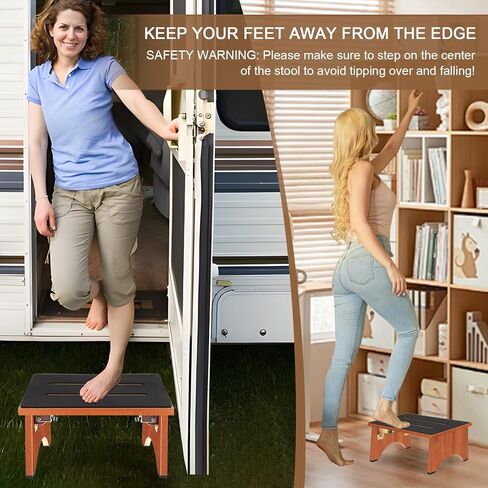 Step Stool Foldable, Wooden Step Stool with Non-Slip Rubber Stepping Platform, Folding Step Stools for Adults Seniors in Bedroom, Kitchen Bathroom, RV, Bed Steps for High Beds, No Assemble (Brown) in Kuwait