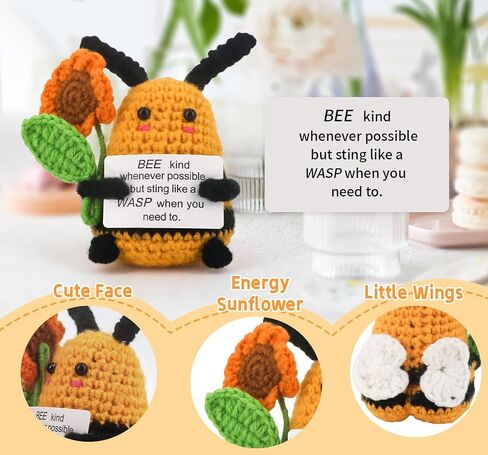 Positive Crochet Gifts Funny Bee Handmade Emotional Support Crochet Cute Animal Affirmation Card for Colleagues, Women and New Teacher Christmas Desk Decoration Inspirational Mini Doll in Saudi Arabia