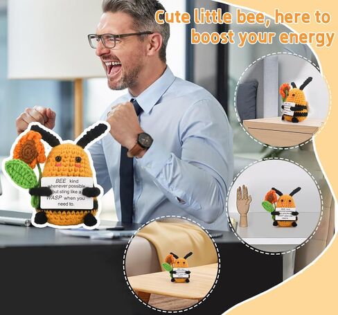 Positive Crochet Gifts Funny Bee Handmade Emotional Support Crochet Cute Animal Affirmation Card for Colleagues, Women and New Teacher Christmas Desk Decoration Inspirational Mini Doll in Saudi Arabia