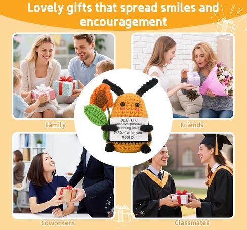 Positive Crochet Gifts Funny Bee Handmade Emotional Support Crochet Cute Animal Affirmation Card for Colleagues, Women and New Teacher Christmas Desk Decoration Inspirational Mini Doll in Saudi Arabia