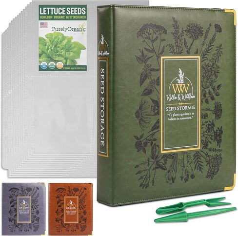 Willow and Wildflower Garden Seed Organizer Binder, Seed Storage Organizer, Garden Binder Book for Packet Storage Catalog Can Store 120 Packets with Dibber and Widger (Moss Green) in Kuwait