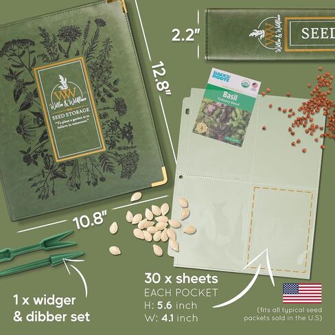 Willow and Wildflower Garden Seed Organizer Binder, Seed Storage Organizer, Garden Binder Book for Packet Storage Catalog Can Store 120 Packets with Dibber and Widger (Moss Green) in Kuwait
