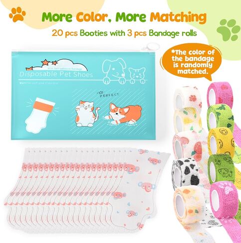 Disposable Dog Shoes, Rain Boots for Dogs, 20pcs Waterproof Dog Paw Socks Cover & 3pcs Adjustable Bandage, Paw Protectors for Small Medium Large Dogs for Summer Winter Snow (Blue-Green, M) in Saudi Arabia