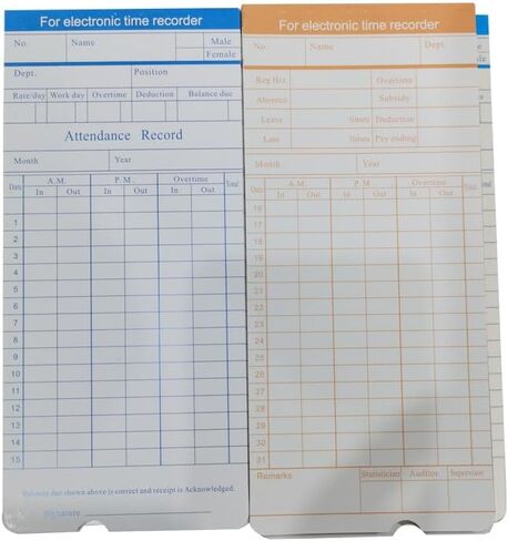 Time Clock Machine Punch Paper, 100 Sheets/Pack Orange & Blue Double-Sided Attendance Cards, Thickened Material, Compatible with Time Clocks, Ideal for Commercial Offices, Business Attendance Tracking in Saudi Arabia