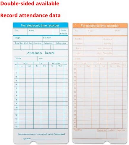 Time Clock Machine Punch Paper, 100 Sheets/Pack Orange & Blue Double-Sided Attendance Cards, Thickened Material, Compatible with Time Clocks, Ideal for Commercial Offices, Business Attendance Tracking in Saudi Arabia