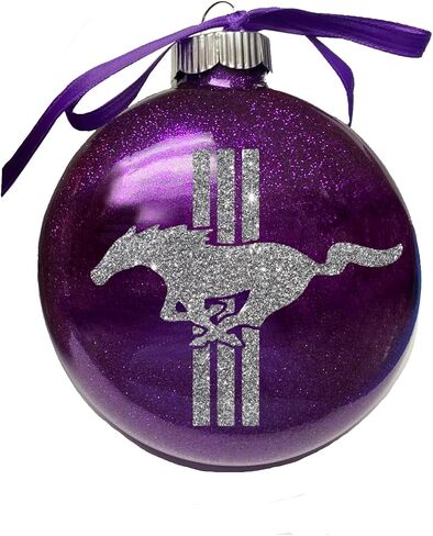Mustang purple glitter glass Christmas Ornament, silver glitter accents, silver ribbon, 4 inch round flat in Saudi Arabia