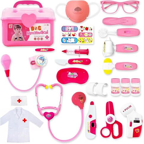 PJG Doctor Kit for Toddlers 3-5 ، يلعب أطفال الطبيب التظاهر مع الأزياء والطعن الأعمار من 3-6 ، ألعاب Doctor Kit لـ 2 3 4 5 5 6 سنوات فتيات الفتيات هدية عيد ميلاد ، وردي in Kuwait