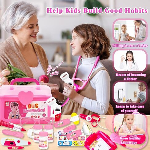 PJG Doctor Kit for Toddlers 3-5 ، يلعب أطفال الطبيب التظاهر مع الأزياء والطعن الأعمار من 3-6 ، ألعاب Doctor Kit لـ 2 3 4 5 5 6 سنوات فتيات الفتيات هدية عيد ميلاد ، وردي in Kuwait