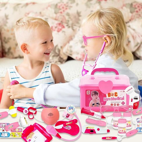 PJG Doctor Kit for Toddlers 3-5 ، يلعب أطفال الطبيب التظاهر مع الأزياء والطعن الأعمار من 3-6 ، ألعاب Doctor Kit لـ 2 3 4 5 5 6 سنوات فتيات الفتيات هدية عيد ميلاد ، وردي in Kuwait