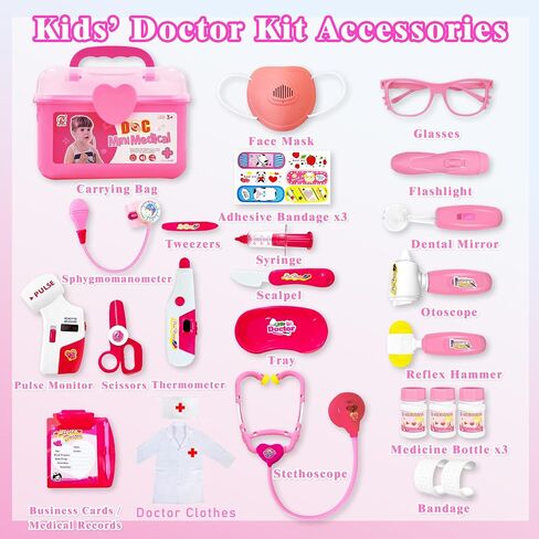 PJG Doctor Kit for Toddlers 3-5 ، يلعب أطفال الطبيب التظاهر مع الأزياء والطعن الأعمار من 3-6 ، ألعاب Doctor Kit لـ 2 3 4 5 5 6 سنوات فتيات الفتيات هدية عيد ميلاد ، وردي in Kuwait