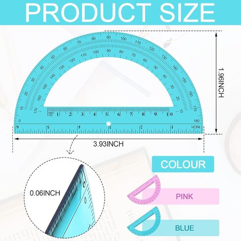 Ctosree 12 PCS Bulk Protractor - Plastic Translucent 180 Degrees 6 Inch Clear Math Protractor Set for Geometry, Angle Measurement, Office Stationery, Pink & Blue in Saudi Arabia