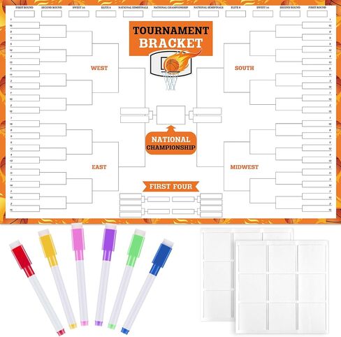 Basketball Tournament Bracket Poster Set Includes 22.4 x 14lnch Reusable Dry Erase Bracket Board Poster with 6 Color Magnetic Dry Erase Markers and Eraser for School Classroom Home Office (64 Team) in Saudi Arabia