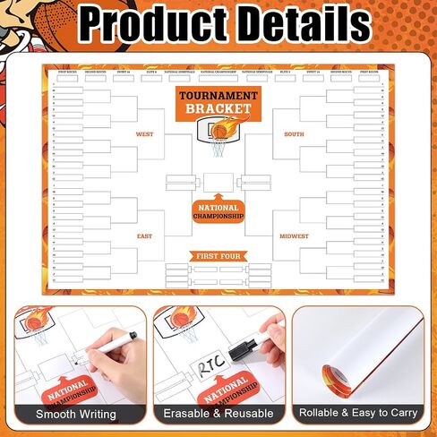 Basketball Tournament Bracket Poster Set Includes 22.4 x 14lnch Reusable Dry Erase Bracket Board Poster with 6 Color Magnetic Dry Erase Markers and Eraser for School Classroom Home Office (64 Team) in Saudi Arabia