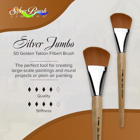 Silver Brush Limited 820330 Silver Jumbo Golden Taklon Filbert Brush, Large Murals, Easel Painters and Furniture, Size 30, Mid Length Handle in Saudi Arabia