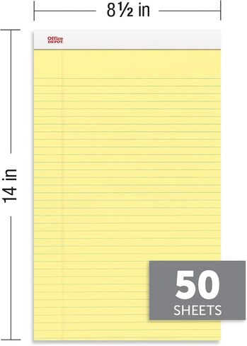 Office Depot Perforated Writing Pads, 8 1/2in. x 14in., Legal Ruled, 50 Sheets, Canary, Pack Of 12 Pads, 99420 in Saudi Arabia