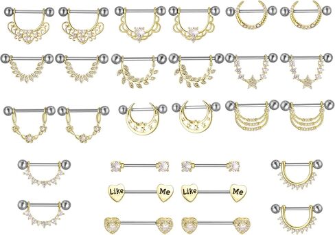 YYJFF 28 Pcs Nipple Rings Surgical Stainless Steel Zircon Copper Piercing Jewelry Tongue Rings Barbells 14Ga 16mm Length Heart Shape in Saudi Arabia