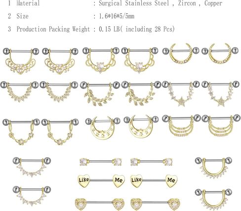 YYJFF 28 Pcs Nipple Rings Surgical Stainless Steel Zircon Copper Piercing Jewelry Tongue Rings Barbells 14Ga 16mm Length Heart Shape in Saudi Arabia