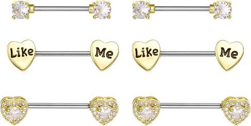 YYJFF 28 Pcs Nipple Rings Surgical Stainless Steel Zircon Copper Piercing Jewelry Tongue Rings Barbells 14Ga 16mm Length Heart Shape in Saudi Arabia