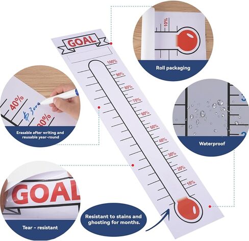 2 Pcs Fundraising Thermometer Goal Charts, 48" x 12" Dry Erase Progress Trackers: Ideal for School Fundraisers, Non-Profit Events, Charity Drives & Community Projects in Saudi Arabia