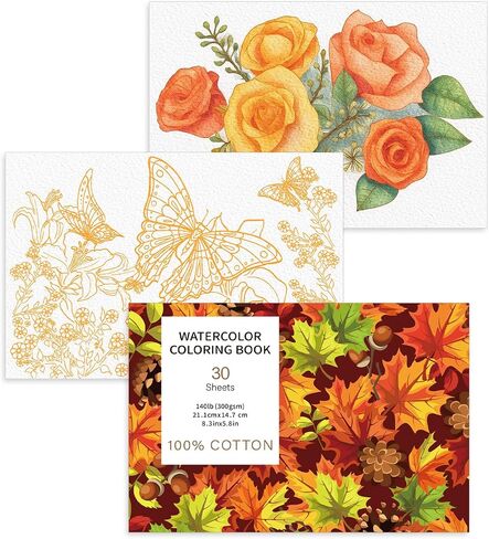 30 Sheets Watercolor Coloring Book, A5 (8.3 x 5.8) Watercolor Workbook, 140 lb/300 GSM Flower Water Color Book for Adults, Creative Art Craft Gift for Beginners in Saudi Arabia