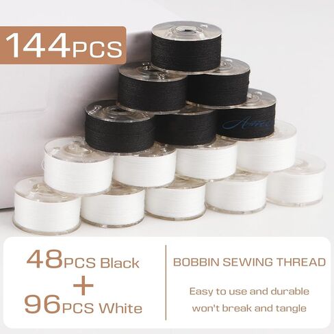 Prewound Bobbins Size A Polyester Sewing Thread Plastic Sided Industrial Bobbin Thread for Embroidery and Sewing Machine, 144-Pack (60S/2(90WT), 48Black + 96 White) in Saudi Arabia