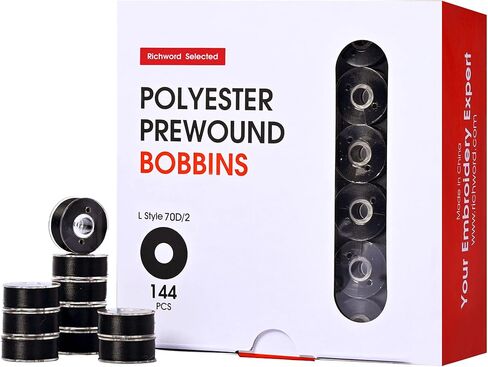 Richword Selected Prewound Bobbins, Plastic Sided, 144pcs Size L(SA155), 75D/2(60WT) Polyester Bobbin Thread for Commercial Multi Needles Embroidery Machine, White 110 Yards in Kuwait