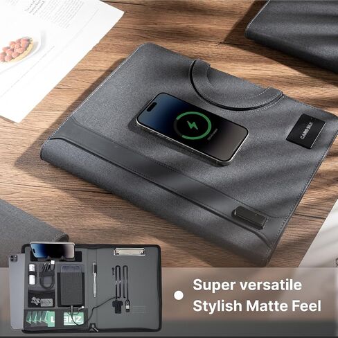 Zipper Padfolio, Portfolio Binder Organizer with 8000mAh Power Bank, Portfolio for Resume, Documents, Phone, Tablet, Business Supplies, Notebook Organizer with Wireless Charging in Saudi Arabia