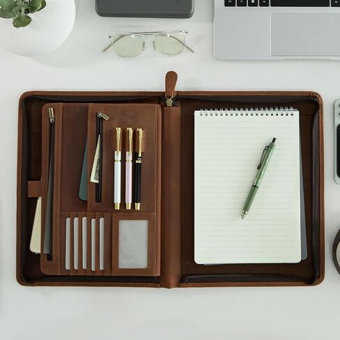 Genuine Leather Portfolio Gift Set with Zipper-13x10 in Complete Business Document Organizer for Meetings & Interviews, for A4 & iPad, with Gift Box & Handwritten Card & Leather Cable Ties(Brown) in Saudi Arabia