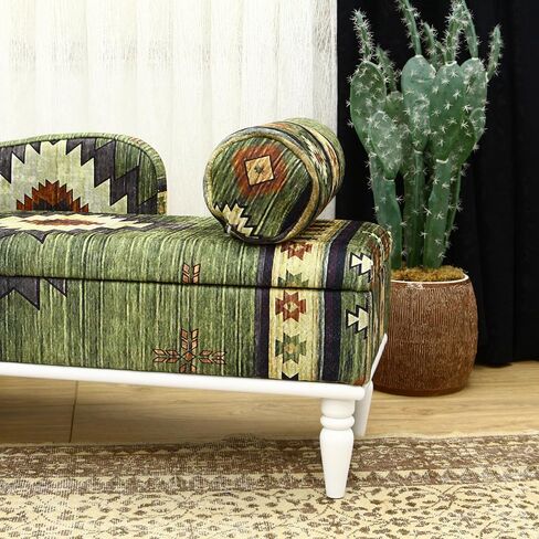 Animal Print Rug Upholstered Ottoman Bench, Boho Piano Bench, Farmhouse Decor Ottoman Bench, Wood Ottoman, Green Entry Bench, Kitchen Dining Bench, Green Footstool in Saudi Arabia