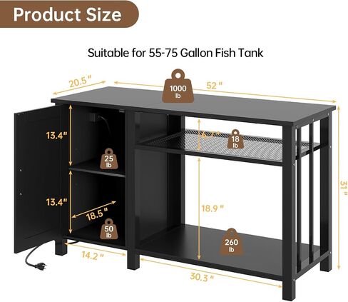Aquarium Stand with Power Outlets, 55-75 Gallon Heavy Duty Fish Tank Stand with Cabinet Storage & Adjustable Shelf, for Fish Tank, Turtle Tank, Reptile Terrarium, 1000LBS Capacity, Black in Kuwait